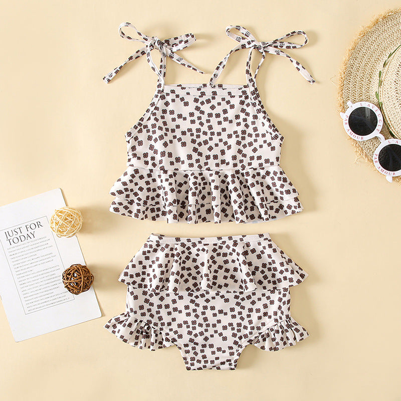 Baby Girl Floral Print Pattern Belt Design Sling Tops Combo Shorts Swimsuit Sets In Summer-1