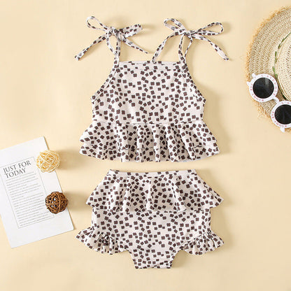 Baby Girl Floral Print Pattern Belt Design Sling Tops Combo Shorts Swimsuit Sets In Summer-1