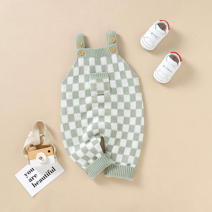 Baby Checkerboard Pattern Strap Design Knit Spring Autumn Rompers-1