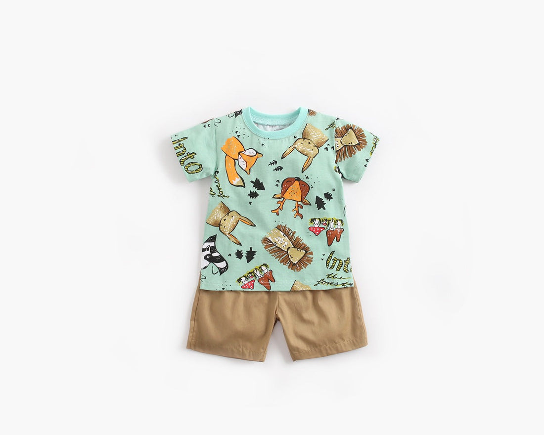 Baby Boy Animal Print Short-Sleeved Top Combo Solid Color Shorts Sets In Summer-0