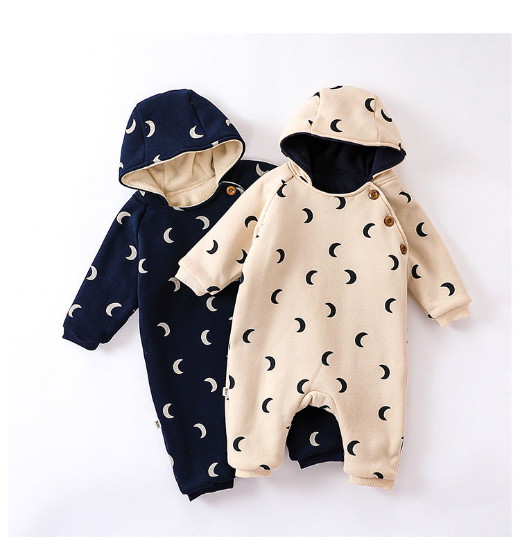 Baby Unisex Moon Print Cotton Padded Thickened Winter Hoodie Romper-1