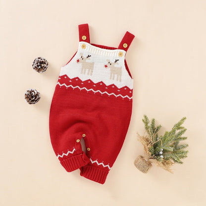 Baby Christmas Elk Pattern Srappy Design Sweater Rompers-0