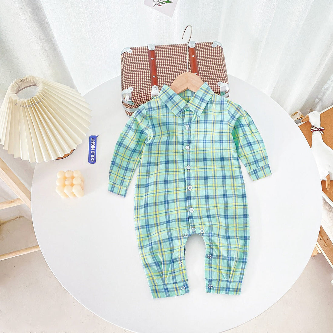 Baby Boy Classic Plaid Pattern Lapel Design Long Sleeve Rompers-1