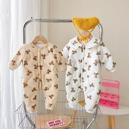 Baby Cartoon Bear Print Pattern Thickened Quilted Winter Rompers-0