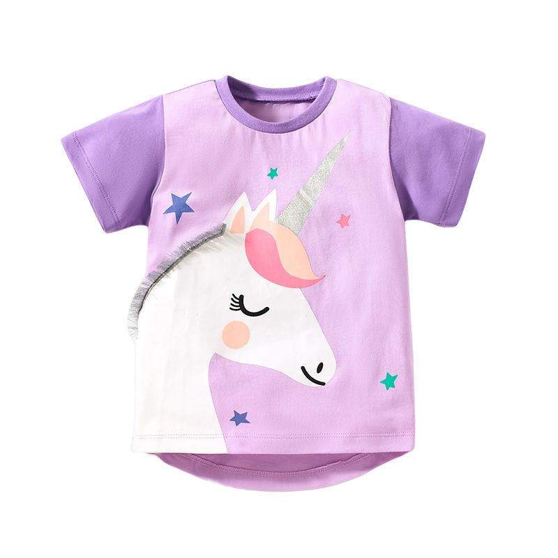 Cute Knit Round Neck Starry Unicorn Cartoon Girls’ T-Shirt In European And American Style For Summer-0