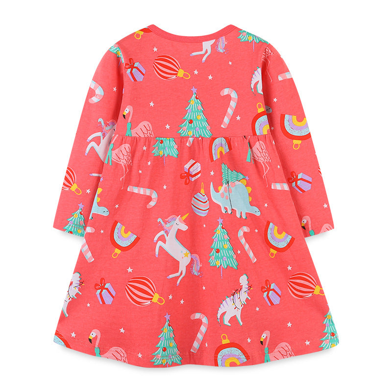 Baby Girl Cartoon Print Pattern Western Style Loose Christmas Dress-1