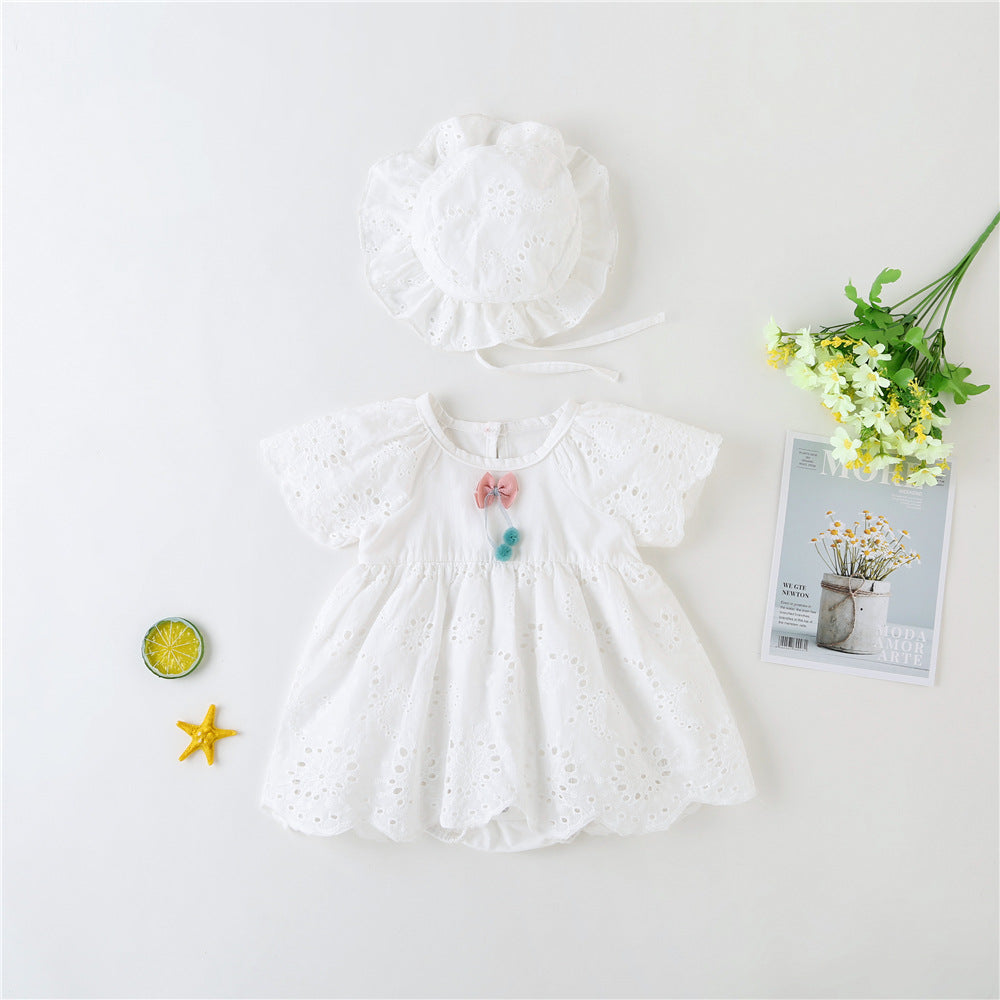 Baby Girl 1pcs Solid Color Hollow Carved Design Bow Onesies Dress-1