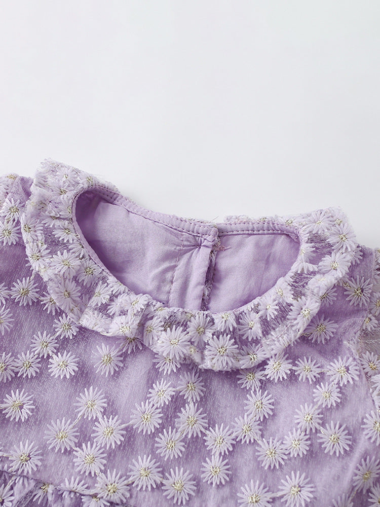 Summer New Arrival Girls’ Daisy Flowers Pattern Embroidery Round Collar Fly Sleeves Dress-1