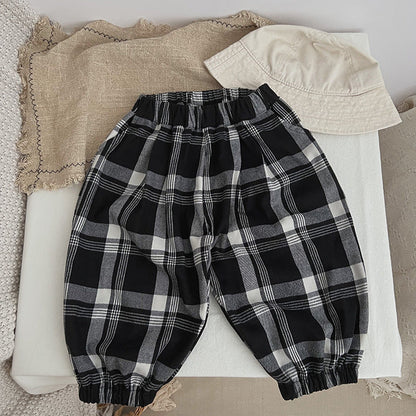 Baby Classic Plaid Pattern Loose Cotton Trousers-1