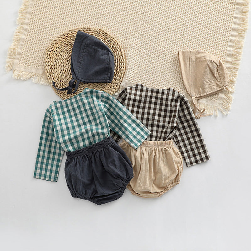 Baby Plaid Graphic Tops And Solid Shorts With Hat 1Pieces Sets-1