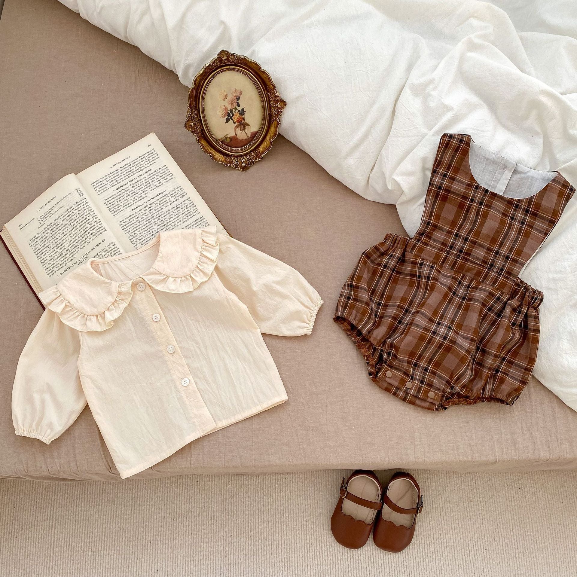 Vintage Style Plaid Pattern Strap Onesie With Shirt Sets-1