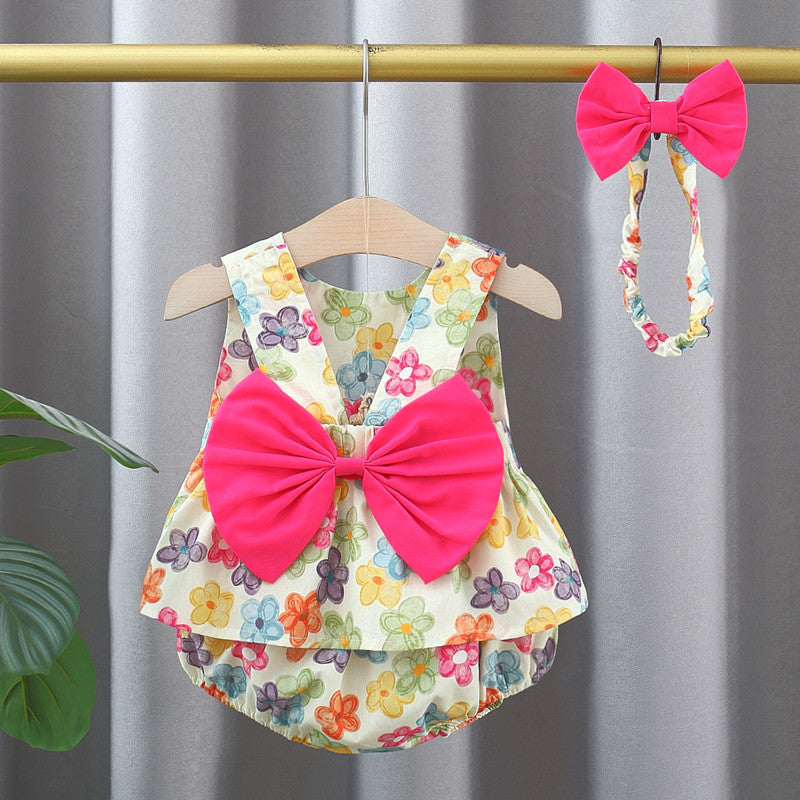 Summer Baby Kids Girls Colorful Flowers Pattern Sleeveless Top Dress And Bloomers And Hairband Clothing Set-1