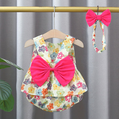 Summer Baby Kids Girls Colorful Flowers Pattern Sleeveless Top Dress And Bloomers And Hairband Clothing Set-1