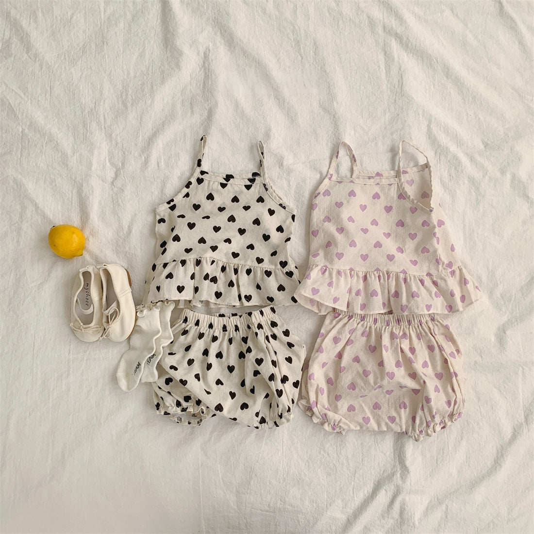 Baby Girl Heart Pattern Sling Tops With Shoers Sets-0