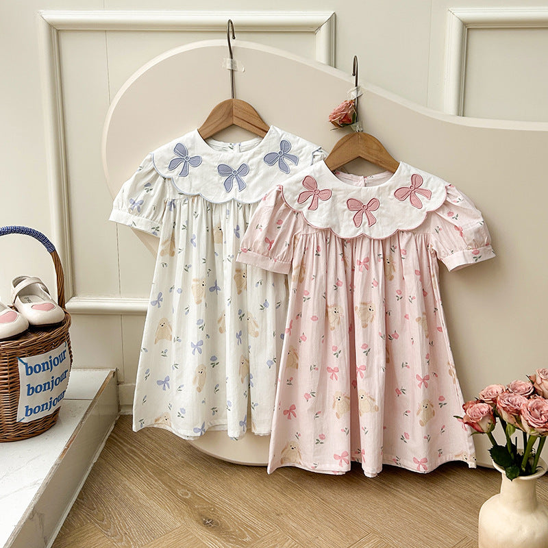 Summer Baby Kids Girls Short Sleeves Floral Teddy Print Embroidery Collar Princess Dress-0