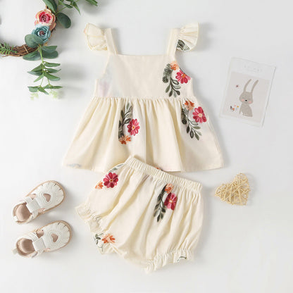 Summer Baby Kids Girls Floral Pattern Sleeveless Strap Top Dress And Bloomers Clothing Set/ Onesies-1