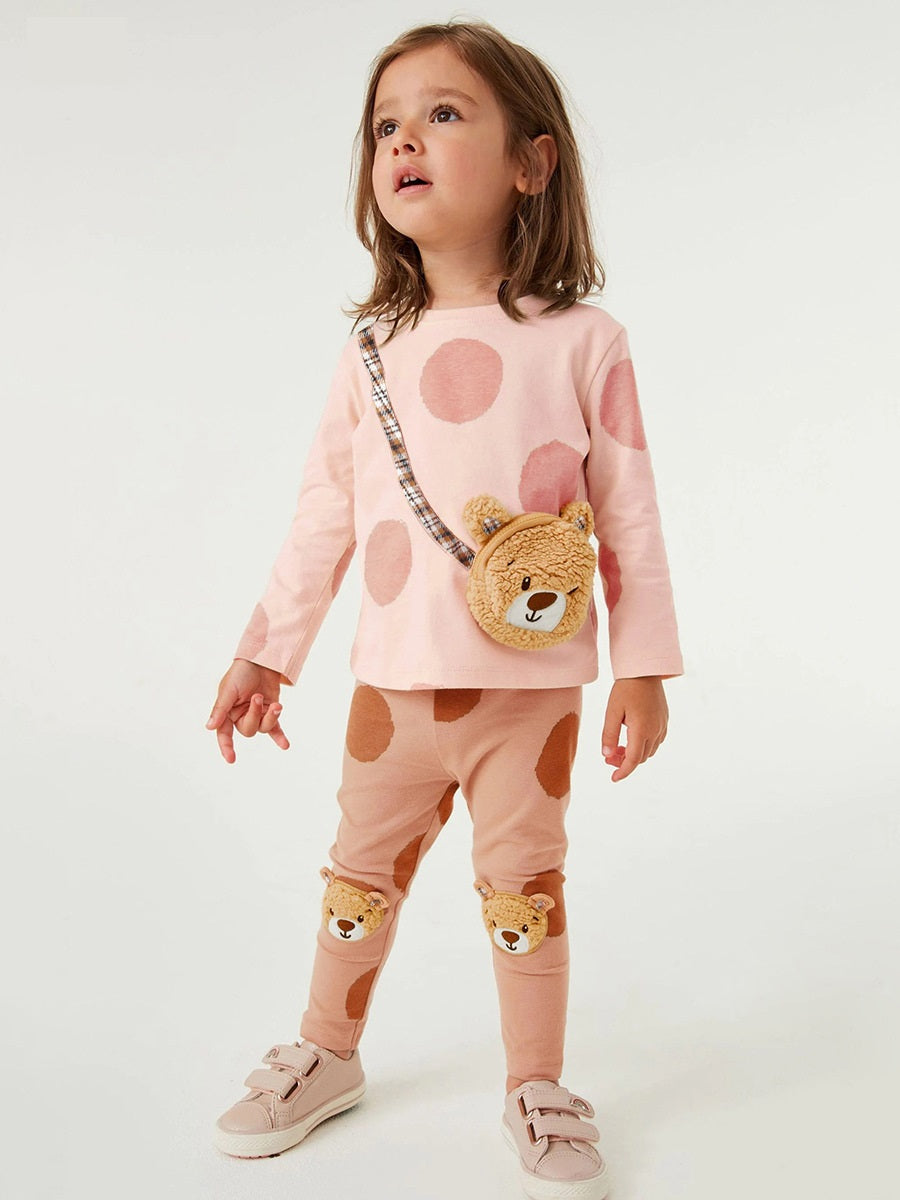 Spring Girls Teddy Bear Pocket Bag Top Sweatshirt And Pants 2-Piece Set-1