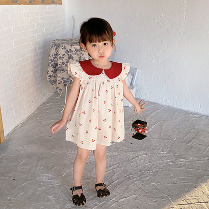 Summer New Arrival Baby Girls Cherry Print Fly Sleeves Peter Pan Collar Dress-1