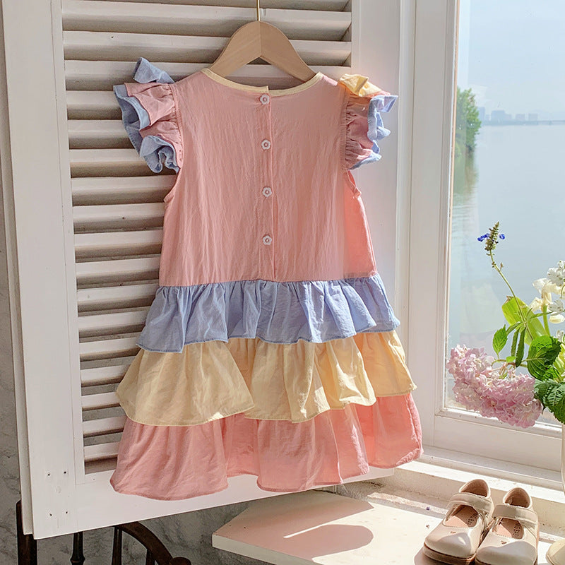 New Design Summer Kids Girls Colorful Color Patchwork Short Sleeves Crew Neck Ruffle Dress-1