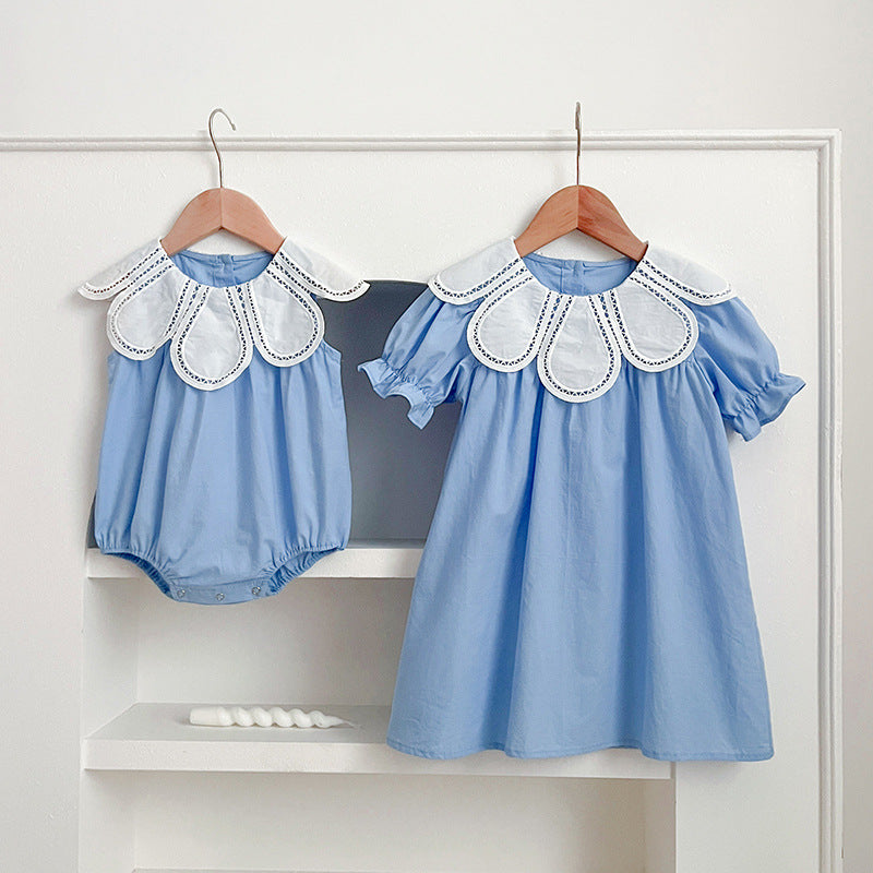 New Design Summer Girls Hollow Out Flower Collar Short Sleeveless Onesies And Short Sleeves Dress – Sister Matching Clothing Set-0