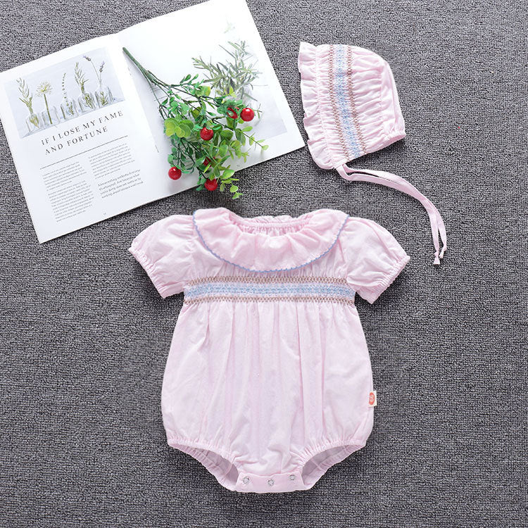 Baby Girl Embroidery Pattern Ruffle Collar Design Bubble Short-Sleeved Onesies With Hat-1