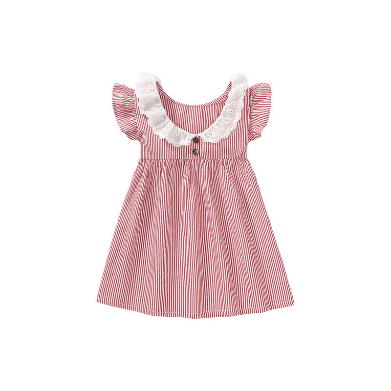 Spring And Summer Baby Girls Ruffle Collar Short Sleeves Striped Dress-1