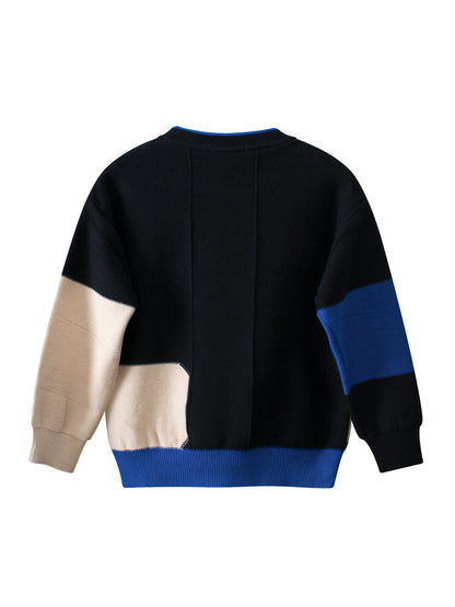 Baby Boy Kids Color Patchwork Crew Neck Long Sleeve Knitwear Pullover-1