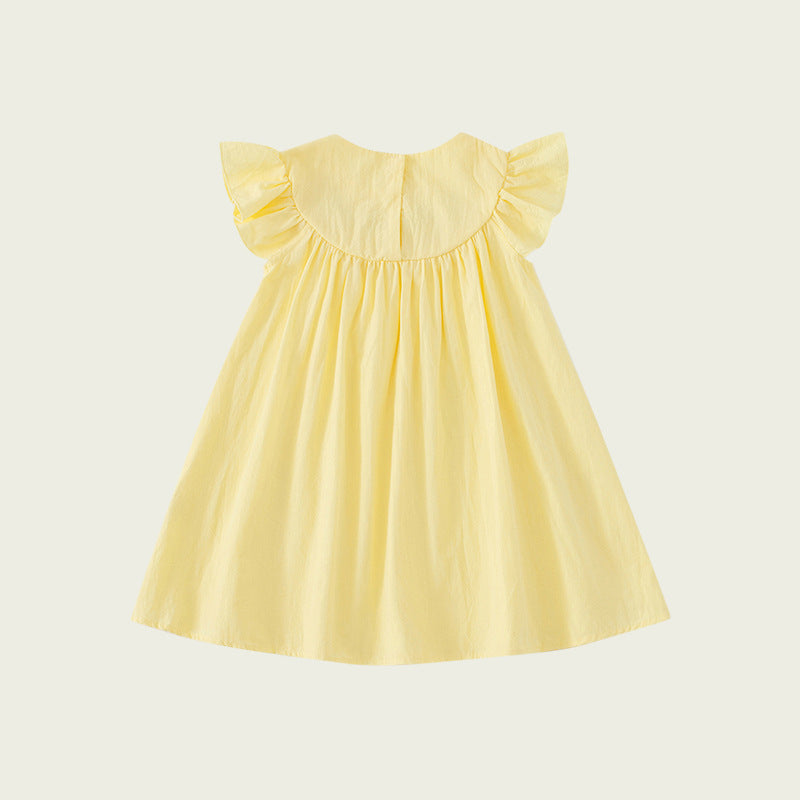 Summer Baby Kids Girls Sleeveless Birds Embroidery Yellow Dress-2