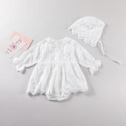 Baby Girl Solid Color Flower Embroidered Design Doll Neck Long Sleeves Onesie Dress-1