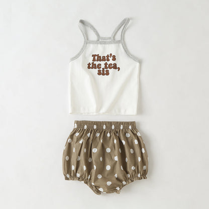 Baby Girl Slogan Pattern Sling Tops Combo Polka Dot Graphic Triangle Shorts 1 Pieces Sets-1