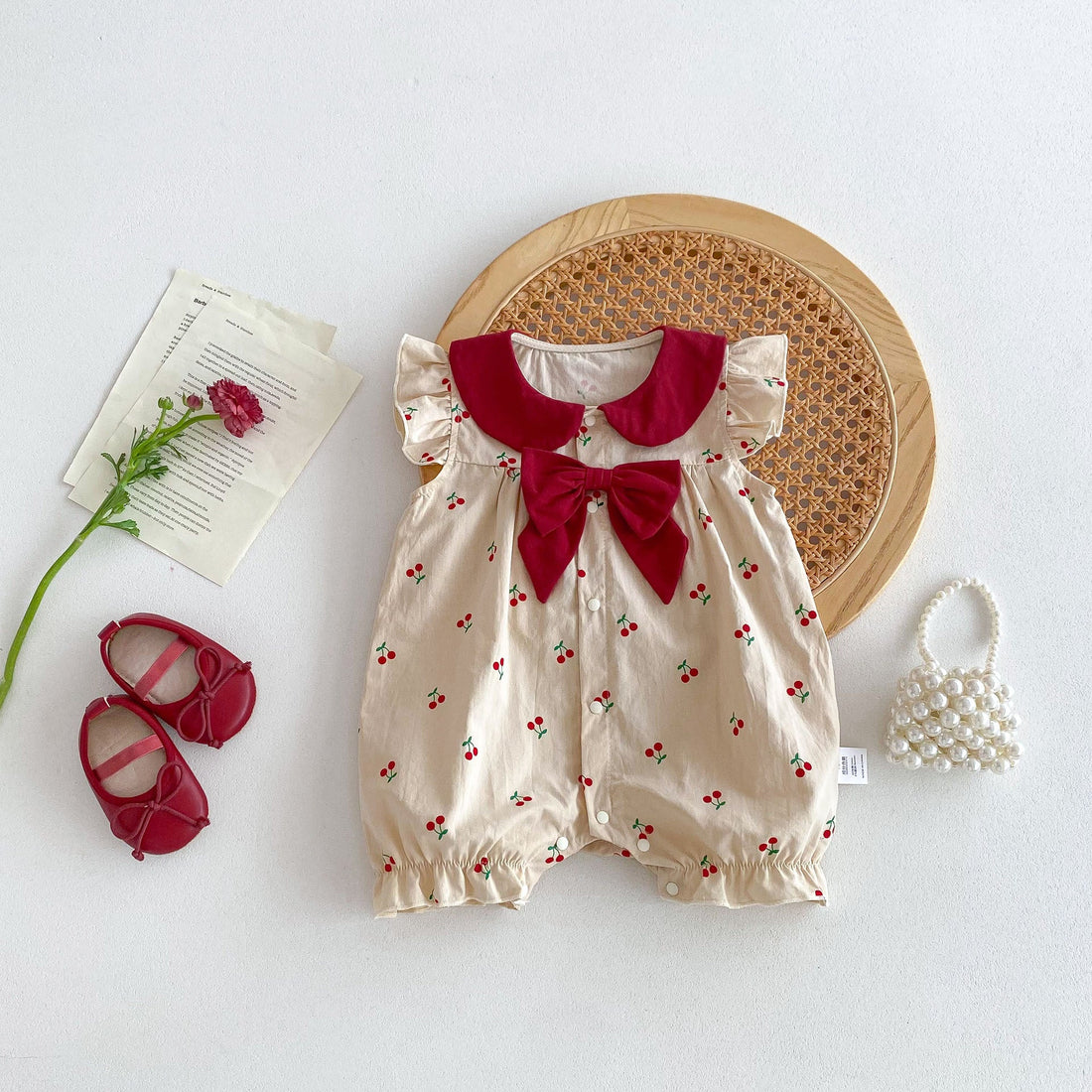 Summer Thin New Arrival Baby Girls Cherry Print Fly Sleeves Peter Pan Collar Onesies-0