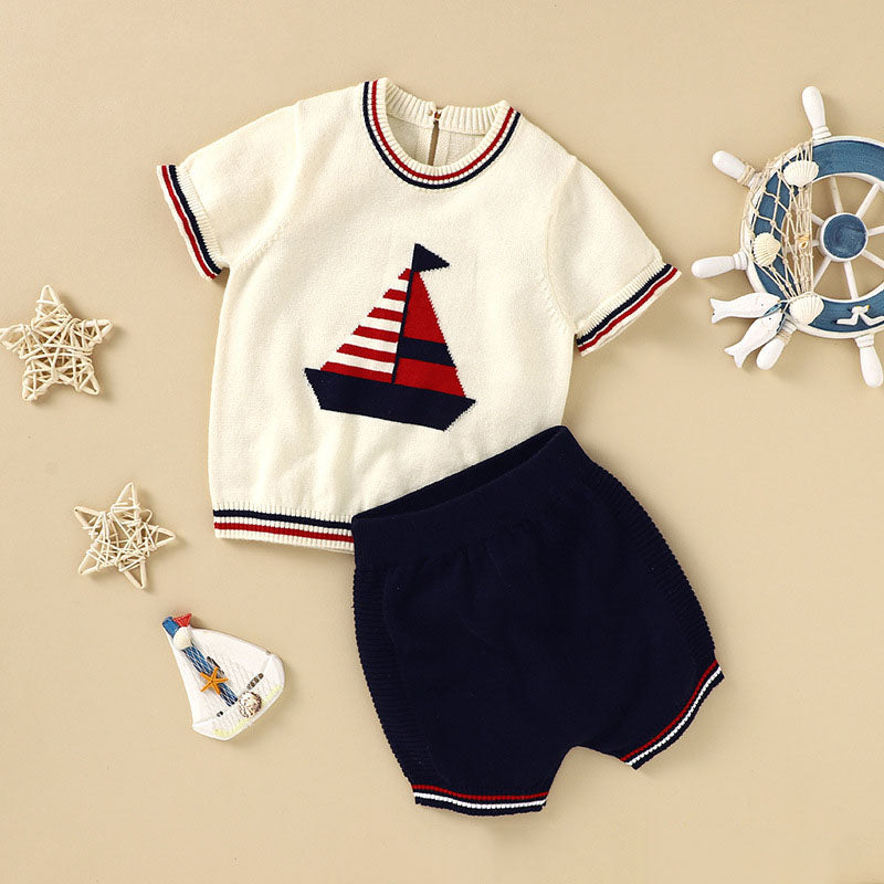 Baby Boy Embroidered Graphic Striped Neck &amp; Sleeve Design Tee Combo Shorts Sailor Style Sets-0