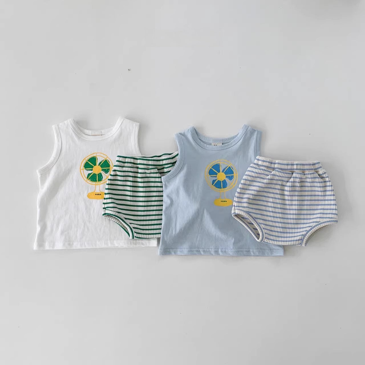 Summer Baby Kids Unisex Cartoon Pattern Top Vest And Striped Bloomers Clothing Set-0