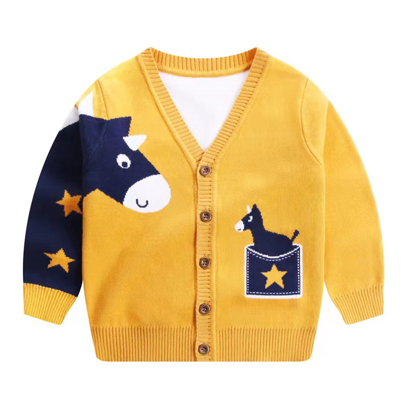 Baby Boy Cartoon Animal Embroidered Pattern Button Front V-Neck Cardigan-1