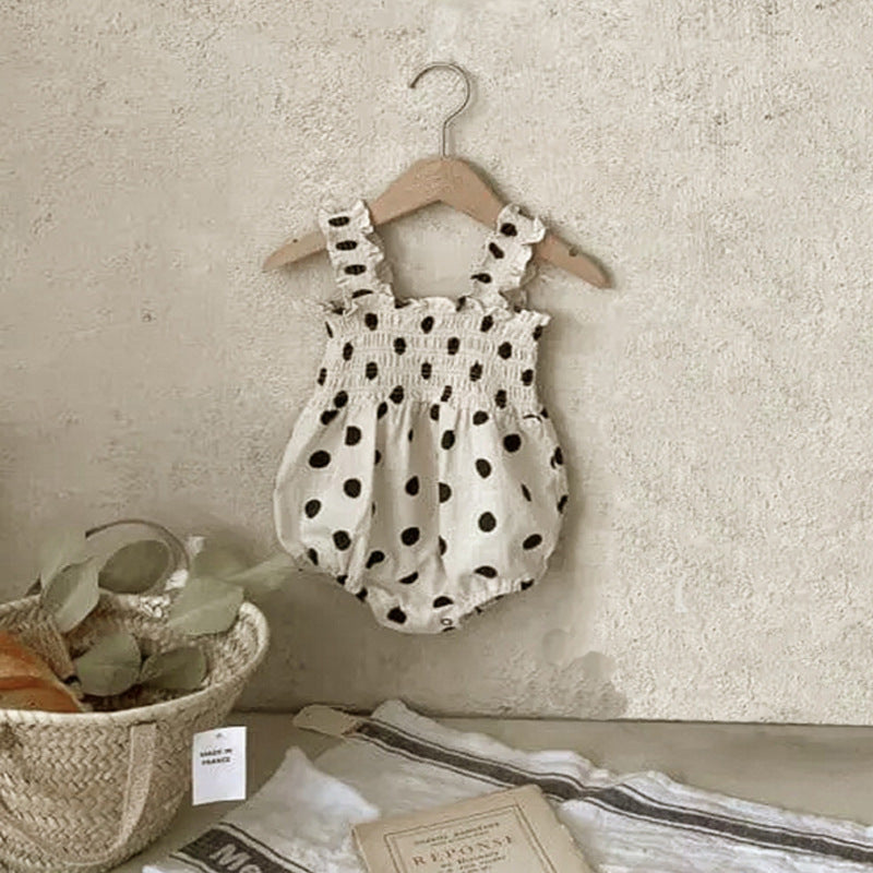 Baby Girl Dot Pattern Sling Onesie &amp; Dress In Summer-1