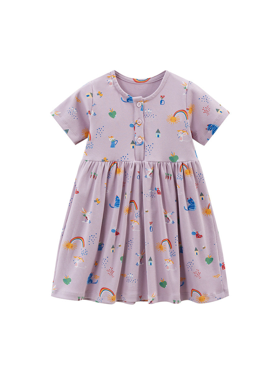 Spring And Summer Baby Girls Short Sleeves Rainbow Animals Floral Cartoon Print Dress-0