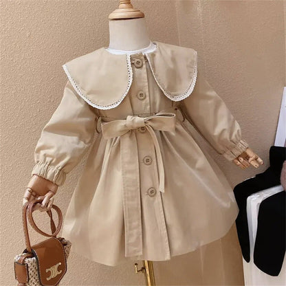 Baby Girls Peter Pan Neck Long Sleeved Khaki Single Breasted Dress With Belt-1