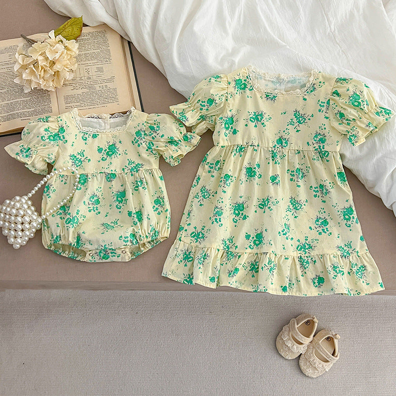 Summer Girls Green Floral Pattern Square Neck Onesies And Girls’ Dress – Princess Sister Matching Set-2