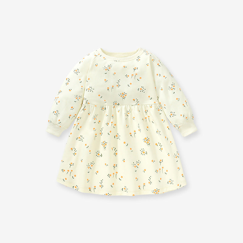 Spring Baby Grils Long Sleeve Floral Elements Logo Beige Princess Dress-0