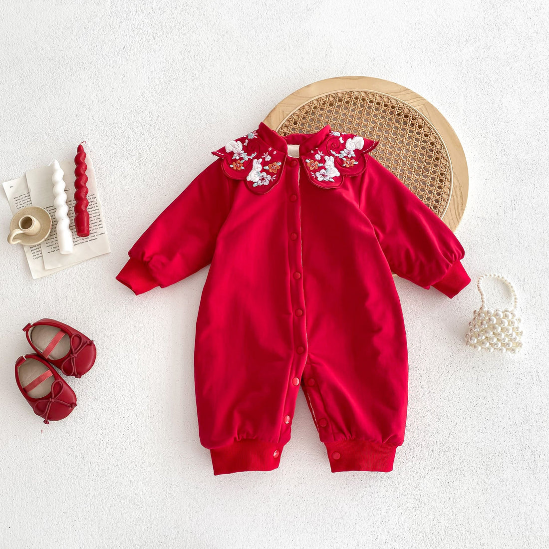 Infant Baby Girls Thick Warm Long Sleeve Rabbits Floral Knitted Round Collar Red Romper-0