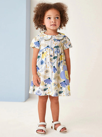 Baby Girls Peter Pan Collar Short Sleeves Floral Dress-1