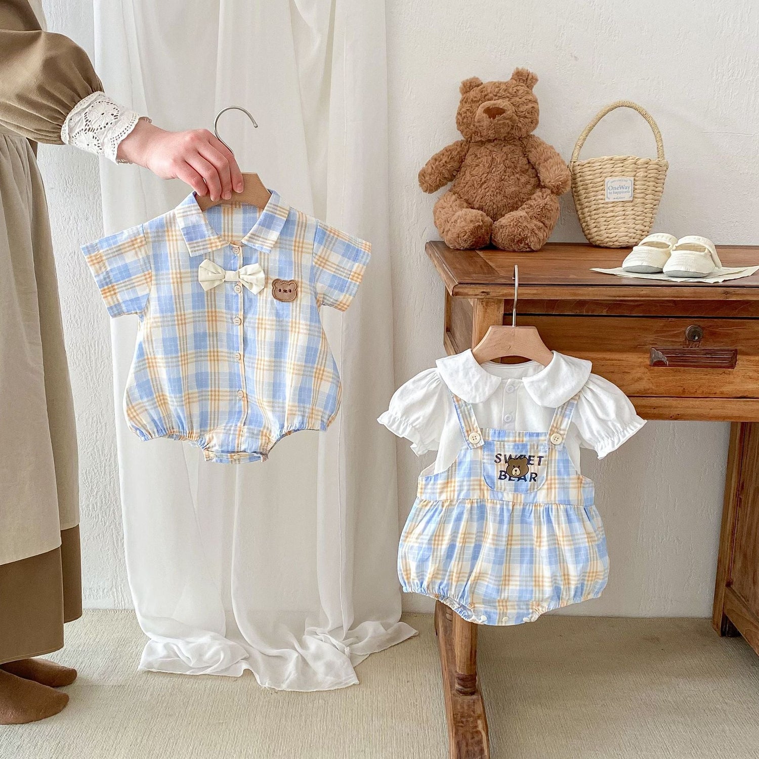 Summer Boys And Girls Yellow-Blue Plaid Teddy Pattern Onesies – Brother And Sister Matching Set-3