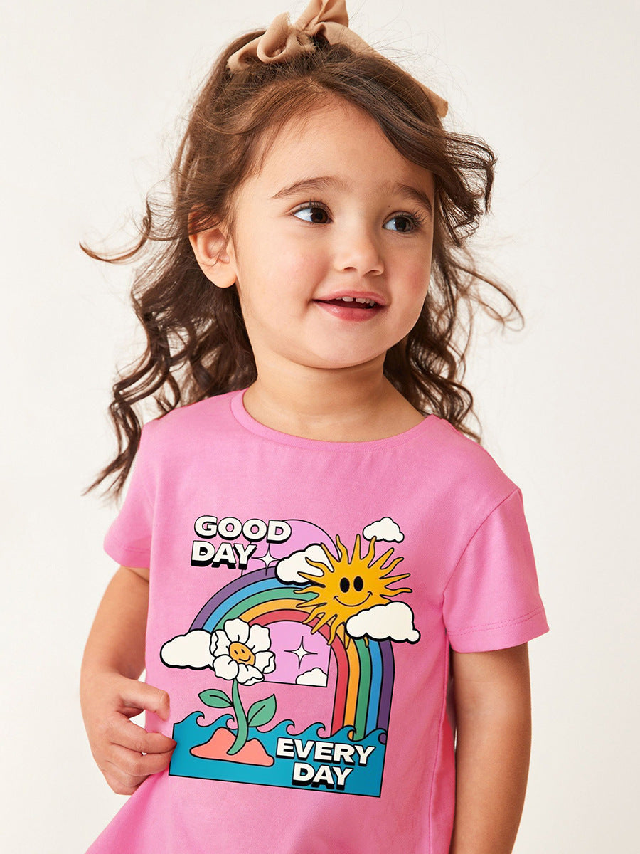 Girls Sunny Day Cartoon T-Shirt And Floral Capri Pants Set-1