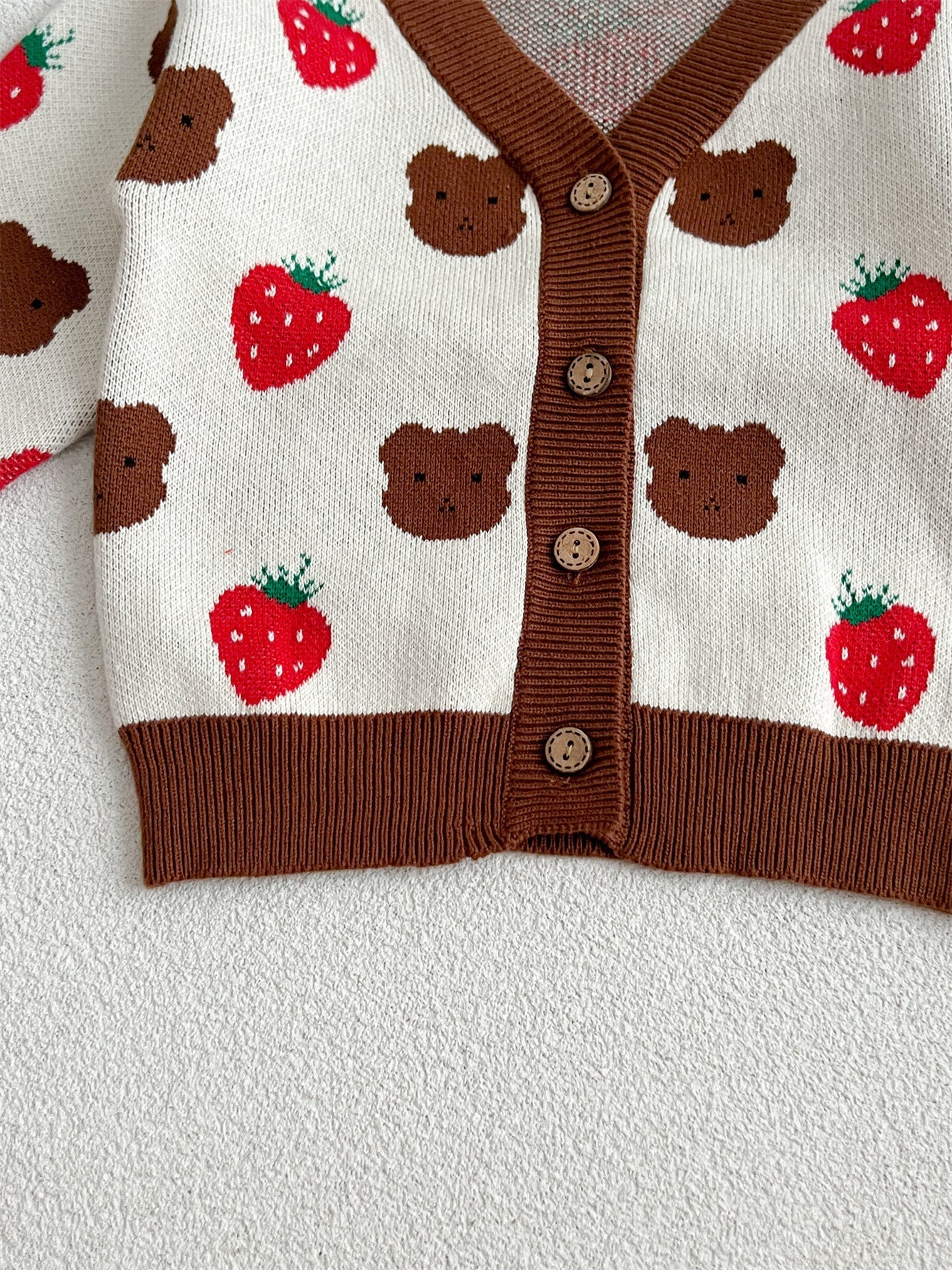 Baby Girls Cute Strawberry Combo Little Bear Head Long-Sleeved Cardigan-1