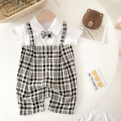 Baby Boy Plaid Pattern Polo-Neck Rompers-1