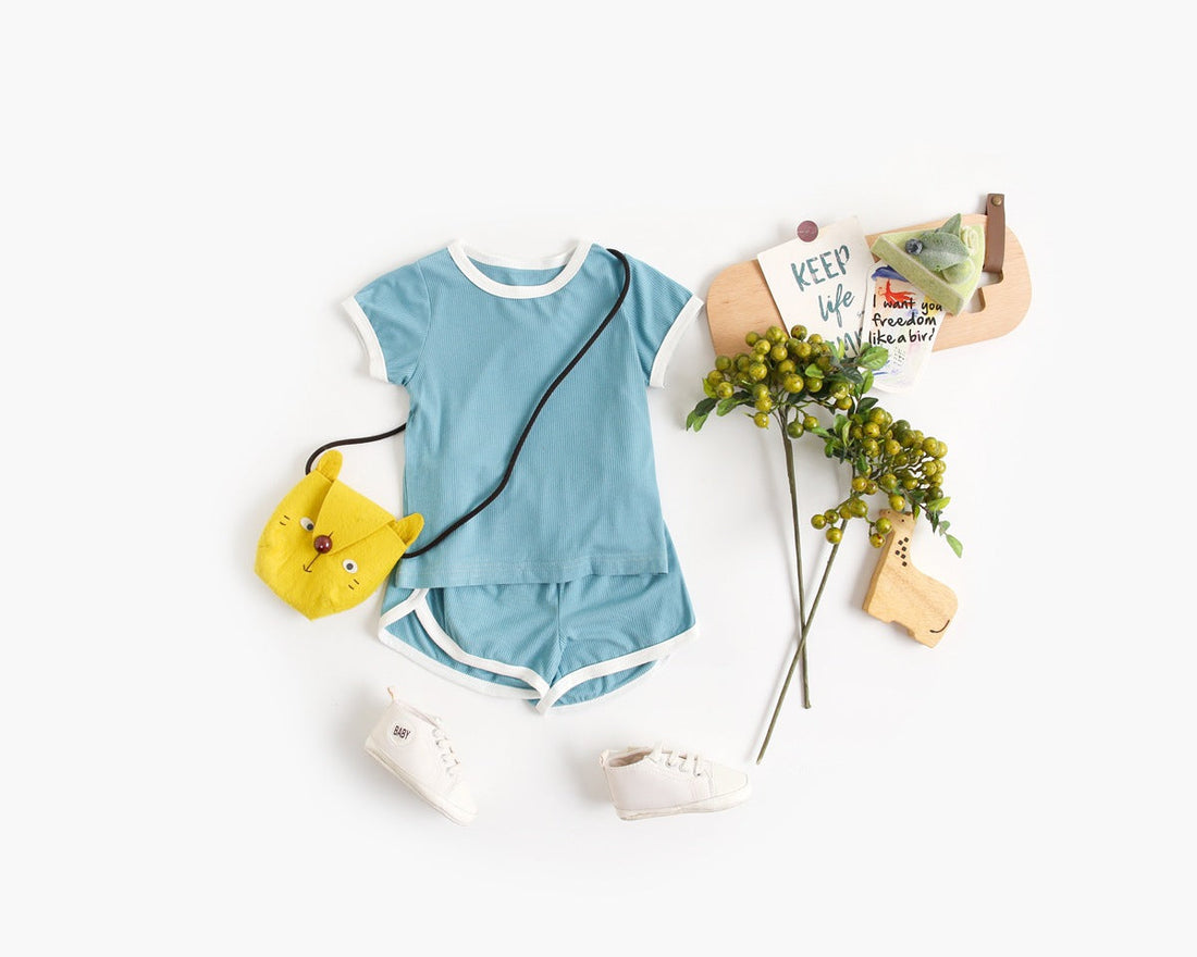 Baby Solid Color Neck Color Matching Design Sports Sets In Summer-1