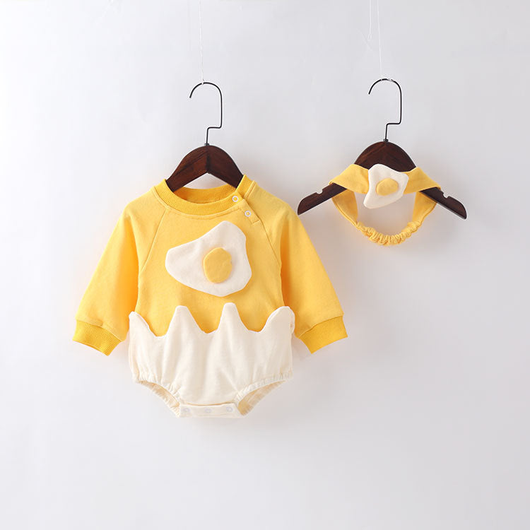 Baby Cartoon Egg Shape Design Long Sleeved Cute Bodysuit With Headband-0