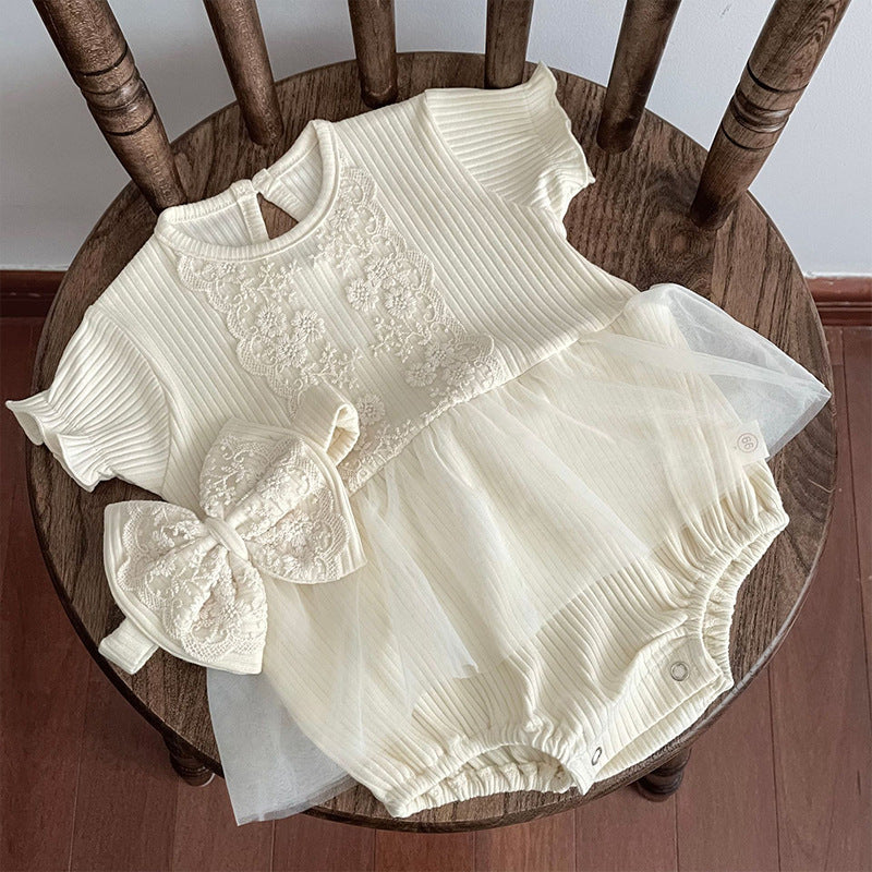 New Design Summer Baby Kids Girls Flowers Embroidery Lace Patchwork Crew Neck Short Sleeves Onesies-0
