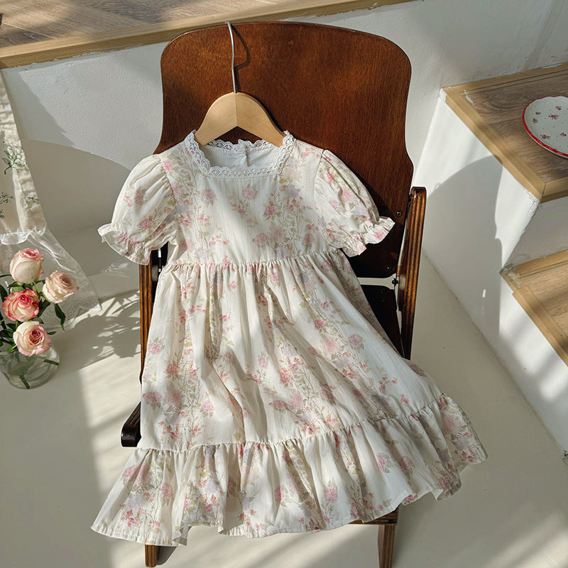 French Design Summer Baby Kids Girls Short Sleeves Square Neck Floral Dress-0