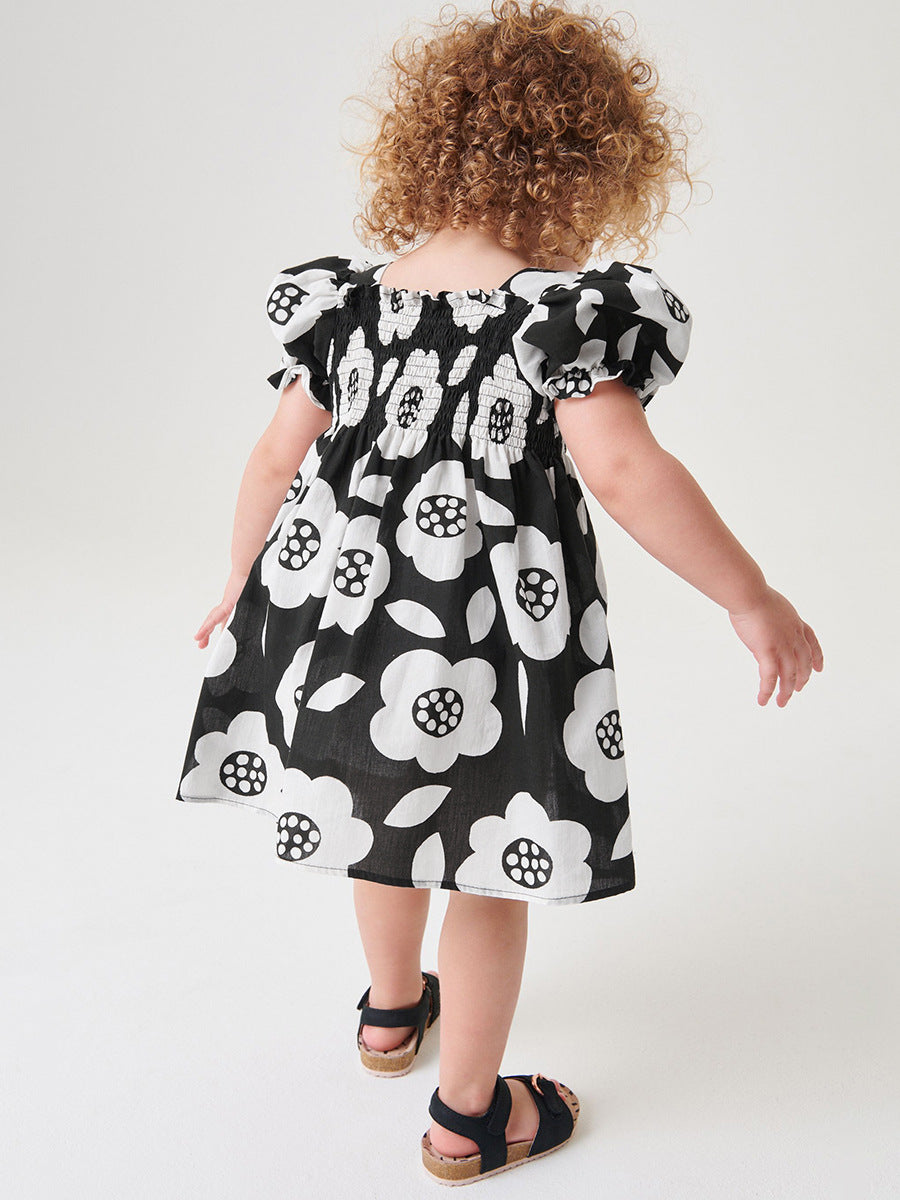 Baby Girls Square Neck Short Sleeves Black Floral Dress-2